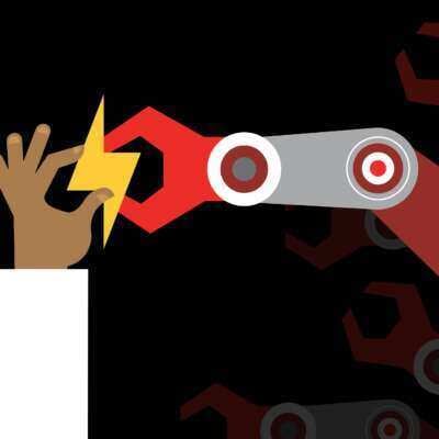 A hand and a machine arm work together to hold up an idea