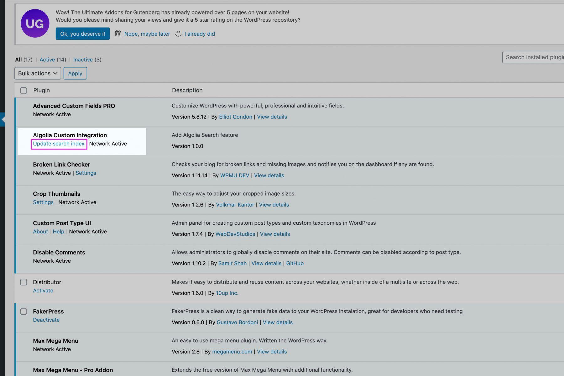 Screenshot of the WordPress backend of this site. Highlighting a button that the user can click to rebuild the search index.