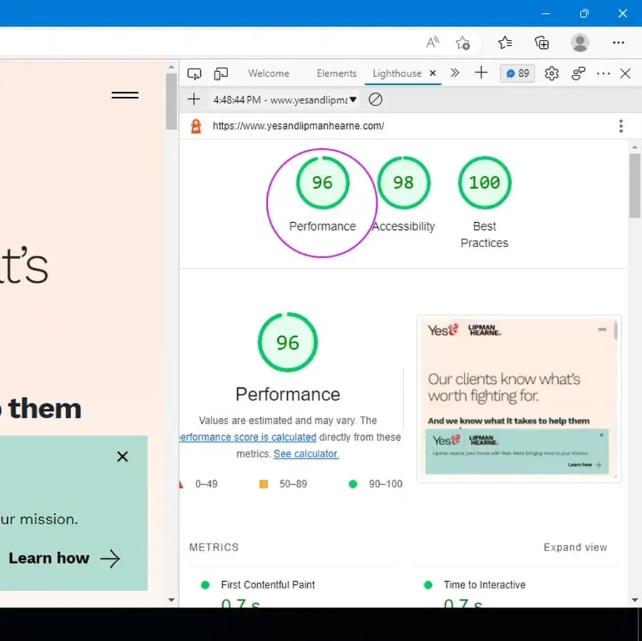 This website's Lighthouse scores. 96 performance, 98 accessibility, 100 best practices.